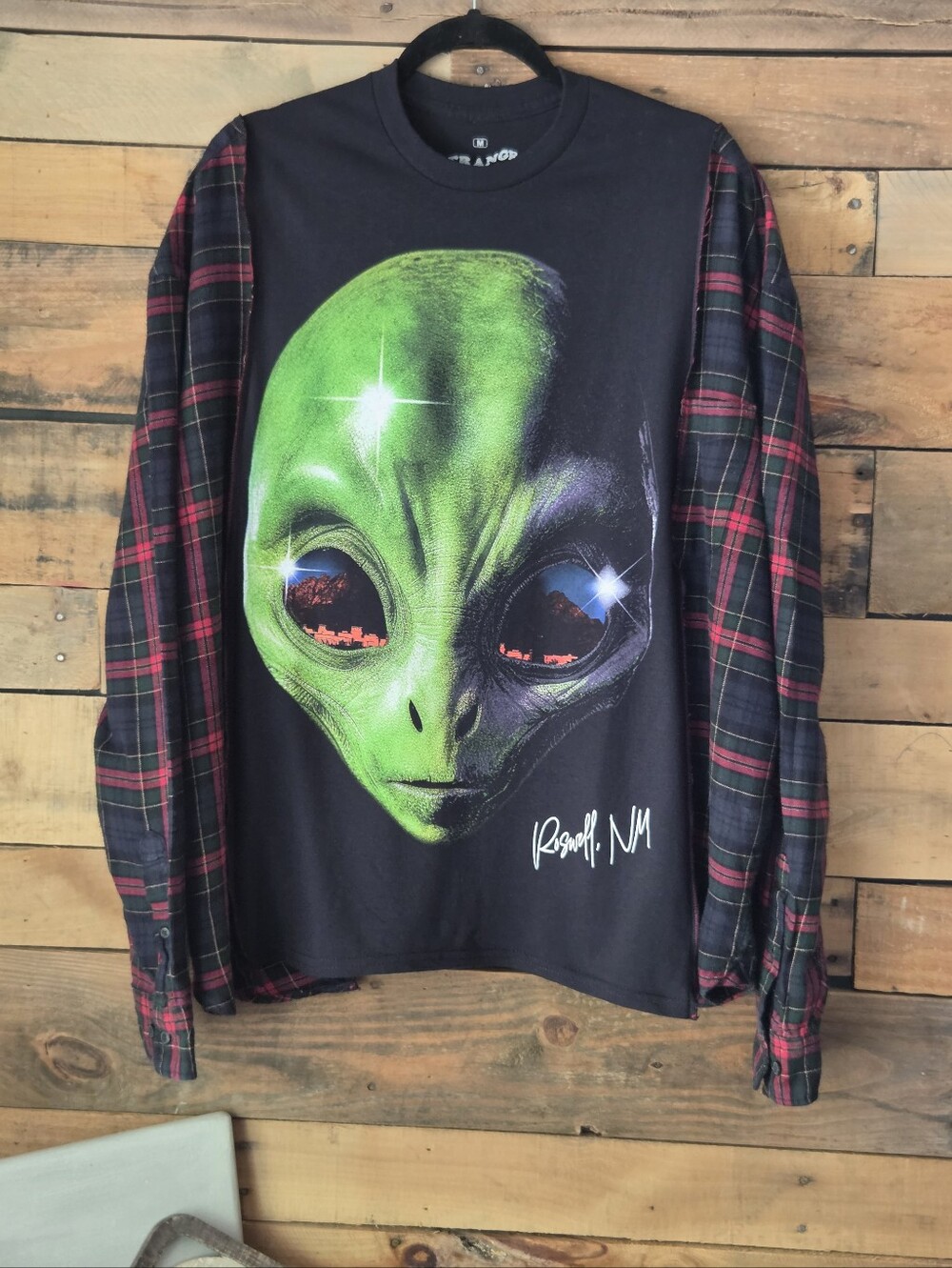 Upcycled Green Alien Graphic Long Sleeve Shirt with Plaid Sleeves